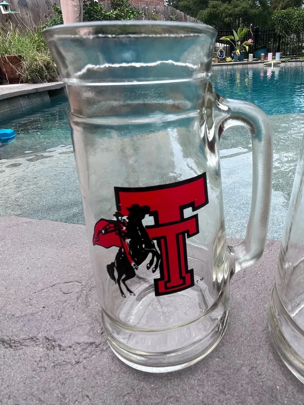 Vintage TTU Texas Tech Masked Rider Clear Beer Mugs Handles Glasses Two (2)